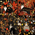 **a happy curious adorable netsuke kitty cat exploring a crazy gold leaf nature jungle world of apple worm peanuts flowers birds cheddar cheese moth, tornadic scan lines by jack whitten --v 6.1 --p tn2xxqf --sref <https://s.mj.run/AruJD-ll-Ac> <https://s.mj.run/UYjfoh6TeLU> <https://s.mj.run/r8dknsmM5M0> <https://s.mj.run/5AbKvhD0Guc> --cref <https://s.mj.run/YLW5u05qWW0> --cw 22 --q 2 --ar 53:40** - <@1059292469474373672> (fast, stealth)