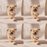 **A scrappy, medium-sized mixed-breed dog dashes through a professional photography studio, solid cream background, clutching a white Moleskine notebook in its mouth. The camera follows in a dynamic tracking shot at low angle, emphasizing the dog’s swift movement and determination. Bright lighting, soft shadows, casting warm highlights on the scene. Happy mood, occasional barking, footsteps echoing faintly. Style is clean and minimalist, capturing spontaneous life. No humans visible. Cinematic, no subtitles. --s 50 --raw --v 7.0** - Variations (Region) by <@1041542379544526880> (fast)