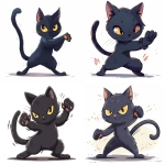 **A black cat is doing kung fu, a simple flat illustration style with thick lines and solid colors, on a white background, a full-body portrait with high-definition details, in a cartoon art style. The cute expression of the little feline shows its strong muscles. It has yellow eyes, fluffy ears, a raised tail, claws extended in front, one paw raised to show strength, in a simple design. The black color tone creates an atmosphere of power. --ar 8:7 --v 6.0 --s 250** - <@756269320539209761> (fast)
