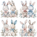 **Two adorable stuffed toy rabbits, soft watercolor style, pastel colors, one with a pink bow and the other with a blue bow, plush fabric texture, slightly worn and stitched details, sitting on soft leaves, cute and charming expressions, highly detailed and whimsical, white background, no additional elements --v 6.0** - Variations (Strong) by <@1227003593262108705> (fast)