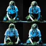 **simple painting of a school girl on her knees gardening, facing forward front-on, school logo clearly visiable on front of shirt, black background, backlit blue and green --v 7.0** - Variations (Strong) by <@696956474584334417> (fast)