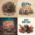 **I want to make a poster for the first sale of the new year. A festive atmosphere, colorful color scheme, plain center, a barrel of rum, driftwood, and the words "Happy New Year!** - <@1316270398630793268> (fast)