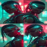 **realistic cyberpunk black female at night in a neon city background, red and turquoise. Strong with light from above, on the face. High contrast. The female is looking towards the camera 3/4 view, she has braids and a side shave, glowing eye cyber gear, glowing ear cyber gear. --ar 9:16 --v 7.0** - Variations (Strong) by <@1174469651695144981> (fast)