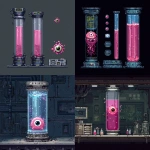 **pixel art spritesheet of high tech lab for a side scrolling game, pink embreo of baby beholder monster in water glass tube --v 7.0** - <@758874491680981014> (fast)