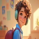 **a medium shot of a realistic illustrated happy 7-year-old Caucasian male student from America, they have a well-defined nose and a well-defined jawline, they have brown eyes and curly brown hair, they stand with their head and neck and shoulders completely square to the camera and facing forward, their entire body is facing forward, they wear a backpack, they have headphones on their head, they stand in front of a white wall with bright graffiti art spray painted on it, it is daytime, the sun is shining bright, high-definition, anime-style, --ar 16:9 --niji 6** - Image #1 <@1065025086664474674>