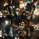 **a photorealistic image of a man with short spiked brown hair in a black leather jacket, white tshirt and jeans, standing in a crowded casino holding 2 dice in his hand palm facing up. Make the man somewhat in shadow. Make it a low angle shot with a spotlight shining down illuminating the dice and the hand holding the dice ar 3:2 --v 7.0** - <@1079878313302048812> (fast)