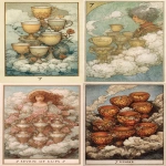 **Vintage tarot card of the Seven of Cups, illustrated in the style of Yoshitaka Amano. The illustration places the seven cups on a cloud, possibly reflecting their impractical or transient nature. This may also reflect the idealized imagination or confusion of the figure conjuring them. Accordingly, the cups have been associated with wishful thinking. --ar 3:5** - <@409716268476923920> (fast)