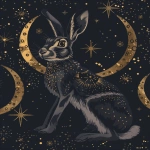 **moonlit jackrabbit, crescent moon and stars motifs, mystical boho, navy and gold accents, clean background, subtle grain --ar 4:5 --v 6.0 --no text --raw** - Upscaled (Subtle) by <@1150647384779530290> (relaxed)