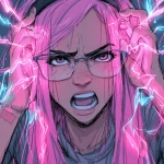 **an angry pink haired girl wearing librarian glasses. She has long straight hair and freckles. She is screaming in frustration pulling her hair with her hands. Neon pink and blue lights. Cyberpunk theme.** - Variations (Strong) by <@233729446534709248> (67%) (fast)** - Image #4 <@233729446534709248>