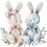 **Two adorable stuffed toy rabbits, soft watercolor style, pastel colors, one with a pink bow and the other with a blue bow, plush fabric texture, slightly worn and stitched details, sitting on soft leaves, cute and charming expressions, highly detailed and whimsical, white background, no additional elements --v 6.0** - Image #1 <@1227003593262108705>