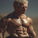 **Realistic 3d rendering. Full body portrait of ruggedly handsome, Hyper muscular handsome elf, bright silver eyes, short curly blonde hair, short pointed ears, defined muscles, pronounced features, hyper muscular, wide Grecian nose, strong square jaw, defined cheek bones, masculine features, freckles. Bodybuilder. wearing a tight short leather skirt. His oiled skin glistens under intense studio lighting. A strong camera flash highlights the shine on his muscles, creating bright reflections on his body, arms, and thighs. Retro fitness photography style, slightly exaggerated lighting contrast, 90s magazine aesthetic, center-framed, studio portrait shot. Standing and posing in a sunny rocky field. --ar 5:6 --v 7.0** - Image #1 <@1222981214734913607>