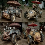 **alien funky dynamic vehicle with a bizarre metalic rusty parasol --ar 4:3 --p 6k624r2 --s 1000 --v 7.0** - <@1071437900610293863> (fast)