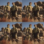 **Realistic 3d rendering. Full body portrait of two characters. ruggedly handsome, Hyper muscular handsome twin green skinned orcs, bright silver eyes, short curly redred hair, short pointed ears, defined muscles, pronounced features, hyper muscular, wide Grecian nose, strong square jaw, defined cheek bones, masculine features, freckles. Bodybuilder. wearing a tight short leather skirt. His oiled skin glistens under intense studio lighting. A strong camera flash highlights the shine on his muscles, creating bright reflections on his body, arms, and thighs. Retro fitness photography style, slightly exaggerated lighting contrast, 90s magazine aesthetic, center-framed, studio portrait shot. Standing and posing in a sunny rocky field. --v 7.0 --ar 1:1** - Zoom Out by <@1222981214734913607> (relaxed)