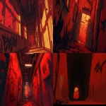 **comic book Cel-shaded anime style with bold clean linework, a long dark hallway lit by deep red lighting, shadows swallowing most details, walls completely covered top to bottom in dense graffiti tags and throw-ups, chaotic layered spray-paint textures, dripping paint, gritty urban atmosphere, high contrast red and black color palette, moody cinematic depth --ar 16:9 --niji 6** - <@257221362568003584> (fast)