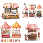 **Local stall market selling different food and drink set. Retail fair tent stand, booth cart counter storefront offering ice cream, barbecue grill vector illustration isolated on white background illustration --ar 16:9** - <@1134564384883093594> (relaxed)