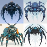 **Spider character design, stylized robotic spider with 8 legs, full-body, front-facing symmetrical pose. Recognizable spider anatomy with centered silhouette. Matte segmented armor plates with soft metallic finish and clean shapes. Integrated glowing patterns inspired by Ori and the Blind Forest, subtle bioluminescent lights on joints and body. Calm, composed expression. Color palette: cool greys and dark teals with glowing cyan and soft amber accents. 2D concept character design, digital hand-drawn shading, flat stylization. Clean white background. --niji 6 --ar 3:4 --stylize 800** - <@1003811725935648900> (fast)