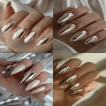 **matte champagne chrome nails with glossy chrome edge, texture contrast manicure, sculptural almond shape, photographed in nail studio lighting, pro nail artist design, soft neutral background, editorial fashion hands --v 6.0 --ar 2:3 --raw** - <@1321895242076520463> (fast)
-# Create, explore, and organize on [midjourney.com](<https://midjourney.com/imagine?from_discord=1>)