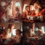 **Saint Nicholas gives a gift to a child in the airplane cabin, a cute commercial photo in light orange white and bright red tones, adding an atmosphere of Christmas and magic** - <@1178911175929499672> (fast)