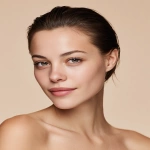 **high-resolution editorial beauty portrait, single female model with a subtle closed-lip smile, calm natural expression, minimal makeup, realistic skin texture, hair slicked back neatly, smooth polished hair, no flyaways, no loose strands, no baby hairs, editorial studio grooming, bare shoulders, appearing in her early 20s, fresh youthful facial features, clean studio background in soft neutral off-white with warm beige undertone, even diffused studio lighting, no color cast, no gradient, professional editorial skincare photography, shallow depth of field, subtle natural grain, no harsh retouching, no jewelry, no text, no logos --ar 4:5 --raw** - Image #4 <@1401465269099958426>