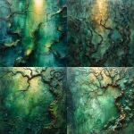 **Abstract composition inspired by a magical garden intertwining wood textures, metallic branches, and luminous green tones, organic shapes flowing like vines, surreal atmosphere, mixed-media oil and metal painting, rich brushstrokes, abstract fine art, square format. --ar 1:1 --v 6.0 --stylize 900** - <@1368687980944031764> (fast)