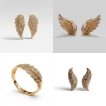 **18k gold and diamond jewelry, few diamoonds, more gold, italian design, feather theme, wings theme, delicate, 4k, clean and clear, high resolution, simple background, product photo, ffront view** - <@881441218012250122> (fast)