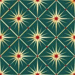 **seamless repeating geometric pattern, atomic-era plaid made of intersecting gold and teal lines with red starburst ornaments at the crossings, mid-century modern Christmas aesthetic, repeating textile or wrapping paper design --tile --ar 1:1 --v 6.0 --chaos 5 --raw** - Image #2 <@973241297529868358>