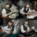 **<https://s.mj.run/JFajRkYBXcU> est imagen pero sin barba, solo bigote y a color: abrahm vermont, un escritor adulto de 30 años en 1915 en rosario duermiendo acostado en el piso de noche. se tapa con diarios porque no tiene frasada. cubierto por los ejemplares de diario como sabana. 'the vols stimme' su diario escrito en idish litografiado. Vive entre sus palabras en su cuarto muy pequeño de conventillo y con pocas cosas, para escribir y litografia. Luz azulada, un poco de luz blanca desde la ventana que entra, la piel palida. imagen color. Escena de pelicula a color de thirller moderno ambientado en 1910 pero con la calidad actual de cine profesional. Vermont es dejado, tiene bigote largo pero sin barba y poco pelo y un poco gordo, viste formal, pero gastado. estas refes pero color** - <@985959374633717780> (fast)