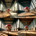 **A Toad-like character dashing across a long connecting corridor, mid-run with arms swinging and legs in motion, dynamic movement captured from a dramatic low angle, soft morning light shining through windows on one side, motion blur on the background to emphasize speed, classic school architecture with wooden floors and beams, red and white mushroom cap flapping slightly, cinematic realism, emotional and nostalgic mood --v 7.0 --ar 9:16 --oref <https://s.mj.run/xKRYl9AmtcQ> --ow 200 --raw** - <@1112784568303497357> (turbo)