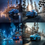 **A blue sports car in motion pulling into an oil refinery with the refinery easily visible. there is a checkered finish line flag waving on the side. make it epic blue lighting. cinematic --ar 3:2 --v 7.0** - <@1264975901624631358> (fast)