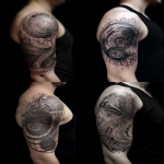 **Upper arm tattoo design, intricate and symbolic, blending mathematics and cosmic themes a swirling black hole at the center, spiraling into the golden ratio (phi), the digits of pi subtly woven into the design, the speed of light represented by radiant light rays and motion lines, abstract clock elements symbolizing the fluidity of time, equations like E=mc² and event horizon curves incorporated, elegant linework with a balance of dark and light shading, futuristic yet timeless, symmetrical and mathematically inspired black ink style, sci-fi surrealism --v 5.0 --ar 2:3** - <@146051115195039746> (fast)
-# Create, explore, and organize on [midjourney.com](<https://midjourney.com/imagine?from_discord=1>)