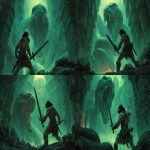 **conan the barbarian in an attack pose holding a greatsword ready to strike a massive evil snake with huge fangs in an ancient temple. Scener is dark and grim with eerie green lighting. Frank Frazetta style. --ar 16:9** - Variations (Strong) by <@185556629561933824> (fast)