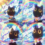 **cute happy black cat with yellow eyes and wearing white collar with red tie in sunny rainbow pastel cloudy sparkling futuristic utopia city island vacation poster with big text "Literally 2084" --niji 7 --sref 817015524 3703497071 --ar 3:2** - Variations (Strong) by <@937851746712186921> (fast)
