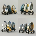 **futuristic compact electric capsule scooter, short and upright body like a standing scooter, enclosed cockpit with transparent glass all around, one front wheel and two rear wheels clearly visible, minimalist design, solar panel on top, soft matte body in beige, blue, and yellow variants, designed for one seated passenger, lightweight, urban personal mobility vehicle, 3/4 view on neutral background --ar 3:2 --v 6.0 --raw** - Variations (Strong) by <@361336964084924446> (fast)
-# Create, explore, and organize on [midjourney.com](<https://midjourney.com/imagine?from_discord=1>)