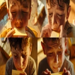 **Cinematic film still, photorealistic. Low-angle close-up shot of the same boy from the reference image, filmed in counter-plongée from below. He is holding a small yellow post-it note in his hands and reading it. His face is illuminated by warm golden light, his eyes filled with tears of joy and emotion, his expression a mix of surprise, happiness, and tenderness. Subtle tear reflections on his cheeks and eyes, natural skin tones, realistic detail. In the blurred background, soft hints of the baby mobile box and wrapping paper are visible on the floor, but the focus is entirely on the boy’s emotional face as he reads the note. Shallow depth of field, subtle film grain, cinematic golden lighting. Shot like a high-end Christmas commercial with an Arri Alexa cinema camera --ar 16:9 --v 6.0 --no cartoon, cgi, clutter --raw** - <@1072446343324385341> (fast, stealth)
-# Create, explore, and organize on [midjourney.com](<https://midjourney.com/imagine?from_discord=1>)
