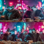 **<https://s.mj.run/RUHsJsexeAs> A hyperrealistic, cinematic photo, low-angle shot from table height. The subject is a charismatic anthropomorphic Siberian Husky with piercing cyan-glowing eyes, smirking coolly at the camera. He's wearing a fur-lined black leather jacket and a silver chain, lounging in an opulent nightclub VIP booth. He holds up a crystal lowball glass containing amber liquor and a single large, clear ice cube. On the table is an extravagant mountain of gourmet dog biscuits. The atmosphere is thick with haze, with dramatic volumetric light beams and vibrant cyan/magenta neon glows. Extremely shallow depth of field, creamy cinematic bokeh, tack-sharp focus on the husky. Unreal Engine 5, Octane Render, 8k, extreme detail, award-winning photography. --ar 9:16** - <@692146423638261810> (relaxed)