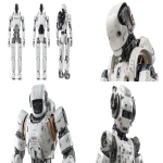 **a humanoid robot similar to the Unitree G1 or the Tesla Optimus. This is an original robot, humanoid in style, with its own unique "face". please show the robot design against a purely white background and provide front side and back angles. the robot should be about 5 feet tall. Realistic photography. Photoreal. --ar 16:9 --v 7.0** - <@1081928187845542040> (fast)