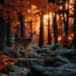 **an award-winning photograph of an autumn forest in the northeast golden hour lighting, sun shining through the forest canopy, a lone deer looking straight towards the perspective of the photographer --s 750** - Image #1 <@1337031420089995355>