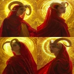 **Hyper-realistic portrait of a woman in a flowing red cloak with intricate details, wearing curved horns on her head, turned in three-quarter view with her head slightly raised, pale skin with realistic textures, dramatic and ethereal yellow glowing background creating a radiant aura, inspired by dark fantasy aesthetics, soft lighting emphasizing her features, cinematic atmosphere, --ar 3:4 --v 6.0 --raw** - Variations (Strong) by <@1352144167198789655> (fast)
-# Create, explore, and organize on [midjourney.com](<https://midjourney.com/imagine?from_discord=1>)