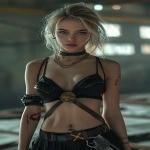 **cyberpunk tactical girl, blonde hair, piercing blue eyes, serious expression, short cropped tactical top, exposed toned midriff, black pleated mini skirt, heavy black tactical harness with bronze metallic accents, futuristic gun holsters on thighs, fingerless tactical gloves, gold X-symbol belt buckle, cyberpunk military aesthetic, neon noir mood, highly detailed outfit, intricate straps and buckles, dynamic pose, cinematic lighting, dramatic shadows, sharp focus, ultra detailed, 8k, by Neon AI Works --ar 2:3 --stylize 250 --v 6.0** - Image #3 <@1451125985192837291>