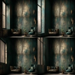 **Dark green and gold vintage wallpaper with a metallic sheen, intricate patterns, and a luxurious feel, set in a dark room. An elegant armchair and coffee table sit in front of the wall, with soft lighting casting gentle shadows on the textured surface. --v 7.0 --ar 80:59** - Pan Left by <@1313000520759377972> (fast)
-# Create, explore, and organize on [midjourney.com](<https://midjourney.com/imagine?from_discord=1>)