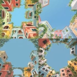 **a gouache painting of colorful houses, looking up at the sky from below, decorated with greenery arches, symmetrical design, minimalist art style, flat illustration, children's book drawing, simple details, pastel colors, vector graphic, flat, vector graphics, no shadows, white background, no gradient, bright color palette, high resolution, high detail. --ar 85:128** - <@887290959732305930> (fast)