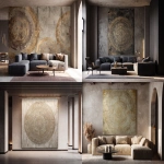 **An aged and worn paper print of an ancient Greek circular pattern adorns the wall. It is in neutral tones with hints of gold. The room has modern architecture and lighting, creating a moody yet elegant atmosphere. The wall is painted with a textured finish. --ar 32:23** - <@1313000520759377972> (fast)