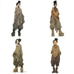 **In the style of Brian Froud, Dofus and Wakfu ; The character has dark hair pulled into a high, neat bun, with loose strands softly framing the face. They wear oversized, draped tops in muted earth tones that hang loosely over wide, gathered pants. Layered barnsley fern , chokers, and large hoop earrings add bold visual detail to the look. Heavy platform boots ground the outfit with a solid, utilitarian feel. Overall, the appearance is modern and avant-garde, combining relaxed silhouettes with striking accessories. --v 7.0** - <@1018138887199129620> (fast)