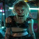 **cyberpunk tactical girl, blonde hair, piercing blue eyes, serious expression, short cropped tactical top, exposed toned midriff, black pleated mini skirt, heavy black tactical harness with bronze metallic accents, futuristic gun holsters on thighs, fingerless tactical gloves, gold X-symbol belt buckle, cyberpunk military aesthetic, neon noir mood, highly detailed outfit, intricate straps and buckles, dynamic pose, cinematic lighting, dramatic shadows, sharp focus, ultra detailed, 8k, by Neon AI Works --ar 2:3 --stylize 250 --v 6.0** - Image #1 <@1451125985192837291>