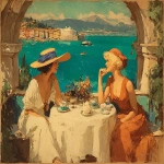 **<https://s.mj.run/kpWIqgf0c1A> pochoir illustration, hand-stencilled color, art deco fashion plate of two elegant women sharing afternoon tea on a sunlit terrace overlooking the Mediterranean, French Riviera, early 20th-century elegance, Pastel colors, planar composition, compressed depth, wide-brim straw hats with ribbons, provocative flowing dresses, intimate feminine friendship, relaxed posture, gossip, laughter, porcelain teacups and floral bouquet on a white tablecloth, turquoise sea with a small boat in the distance, arched terrace framing the view, golden afternoon light, dreamy atmosphere, romantic, calm, aspirational lifestyle, timeless femininity, gentle color harmony, interior-design friendly, nostalgic yet modern, Pastel colors --ar 5:4 --stylize 500 --chaos 5 --v 7.0 --iw 0.5** - Image #2 <@988364629556199494>