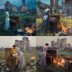 **The painting of a woman standing in a long dress at night in a meadow with church ruins, leaning on an old piano, surrounded by broken walls, a burning old piece of furniture, as if moving, was painted by Jenny Saville.** - <@1106776019475636345> (fast)
-# Create, explore, and organize on [midjourney.com](<https://midjourney.com/imagine?from_discord=1>)