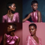 **dark skinned African American model in a mini shiny pink dress with pixie cut tapered hair style** - <@1124019347283775508> (fast)