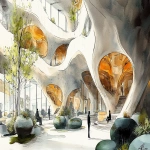 **<https://s.mj.run/Nlu3ItpiLmk> <https://s.mj.run/5Zwnb5PDQNM> an illustration using black pen and watercolour, loose sketchy watercolor and black pen illustration of a futuristic healthcare waiting room filled with plants and birds walking freely where people are scanned and then led by human looking robots to individual wellness pods, zaha hadid organic futuristic architecture highly detailed, unique --ar 16:9 --v 6.1 --s 250** - Image #3 <@999895176619237436>