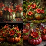 **dendrokinetic ultra realistic pumpkin floral arrangement with red blossoms only, green leaves, berries, moss, and vines. arranged in small pumpkins as decorative table centerpieces. macro photography, natural lighting, shallow depth of field, high detail, shot with DSLR camera, real photo, no illustration, no digital art** - <@1332980035736440915> (fast)