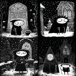 **Five of Pentacles tarot card by Sarah Andersen. The image is black and white and depicts a an old hag with crutches walking with a man behind her passing by the camera. They walk in the snow passing a church window with stained glass depicting five pentacles. The hag wears a cloak. all set against a black background, and the overall design is simple yet striking, in the style of Sarah Andersen. --ar 3:5 --profile fllp7es** - <@409716268476923920> (fast)
